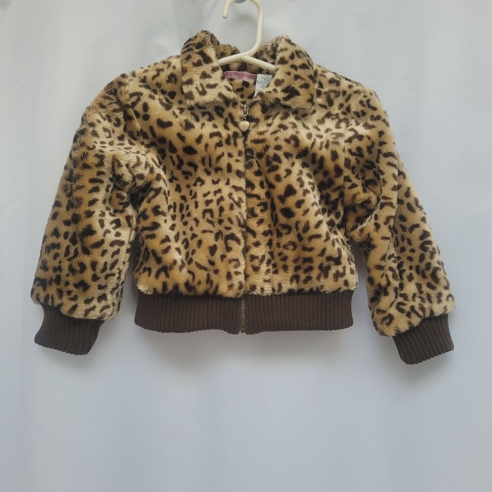 Kids HQ Faux Fur Bomber Jacket Leopard Print Knit Waist Cuffs Full Zip 4